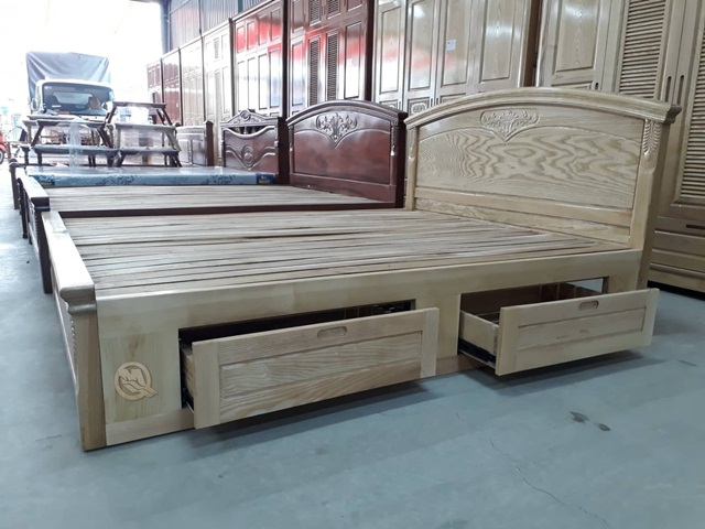 giường gỗ tự nhiên có ngăn kéo - Giường ngủ gỗ sồi hộc kéo đầu cong